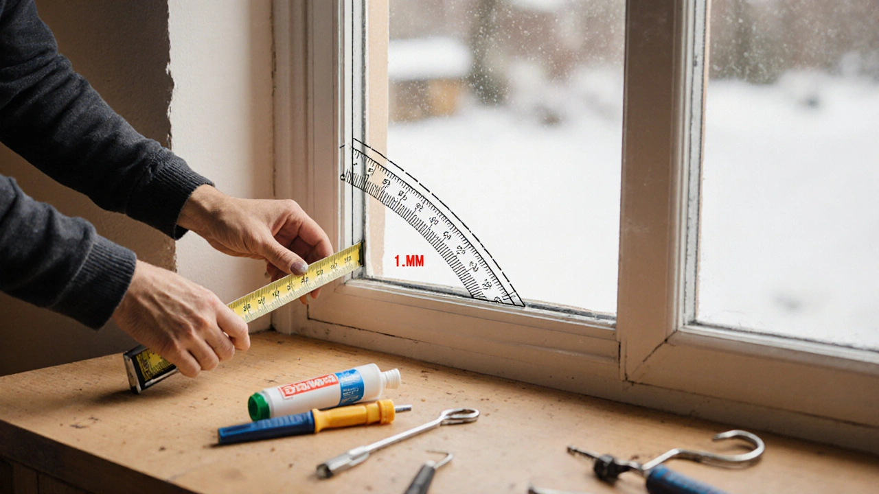 Messer misst die Diagonale eines Fensters, um Verwindungen zu prüfen.
