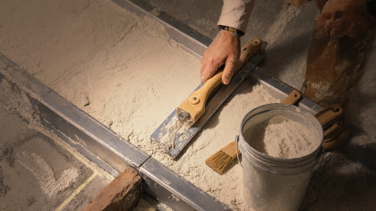 Professioneller Putzer zieht eine Abziehlatte über Putzprofile, um eine glatte Oberfläche zu erzielen.