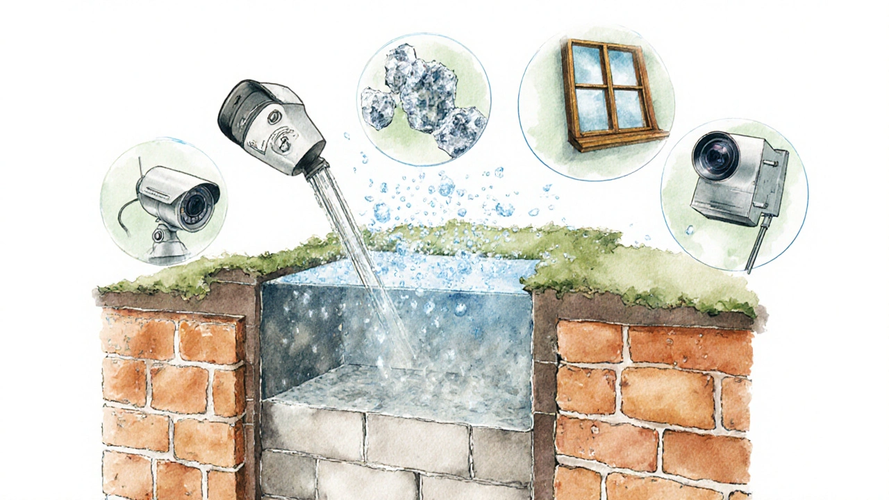 Querschnitt einer feuchten Wand mit aufsteigender Feuchtigkeit und Kondensation