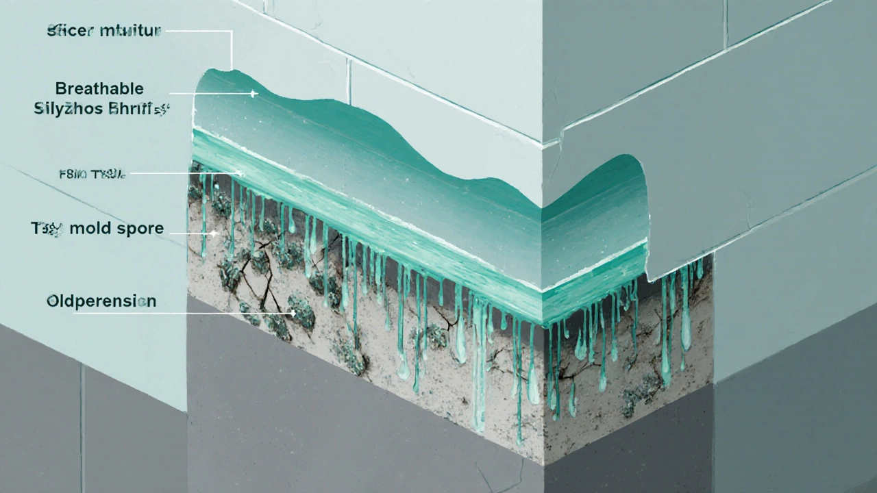 Querschnitt einer Wand, der zeigt, wie Feuchtraumfarbe Dampf durchlässt und Schimmel abwehrt.