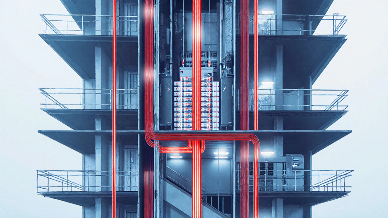 Querschnitt eines Hochhauses mit feuerbeständigen Kabelkanälen, AFDD-Schaltern und abgedichteten Durchführungen in verschiedenen Etagen.