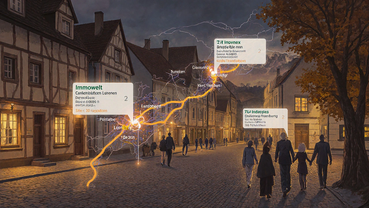 Regionale deutsche Stadt mit gezielten Immobilienanzeigen nur für Lüneburg und Uelzen, goldenes Abendlicht.