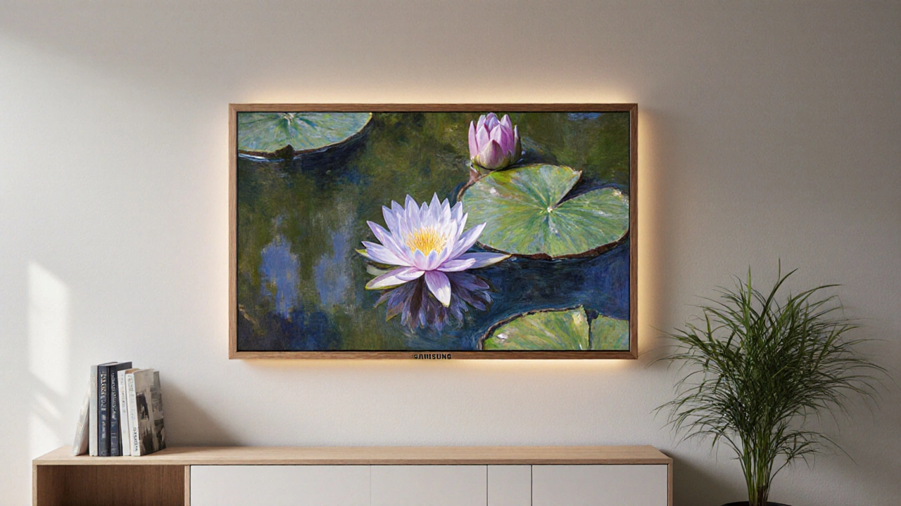 Samsung The Frame TV erscheint als Gemälde an der Wand, kaum als Gerät erkennbar.