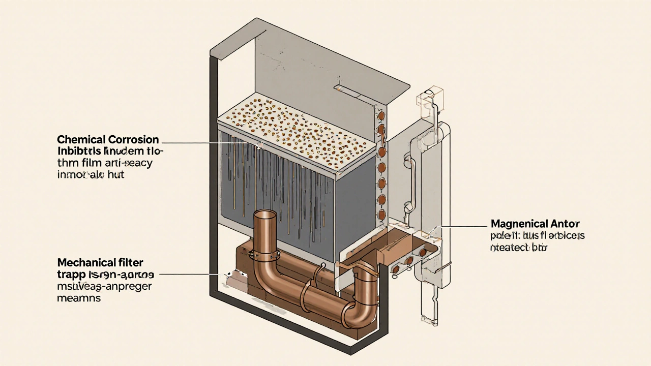 Schematische Darstellung eines Heizsystems mit drei Schutzschichten: Chemie, Filter und Anode.