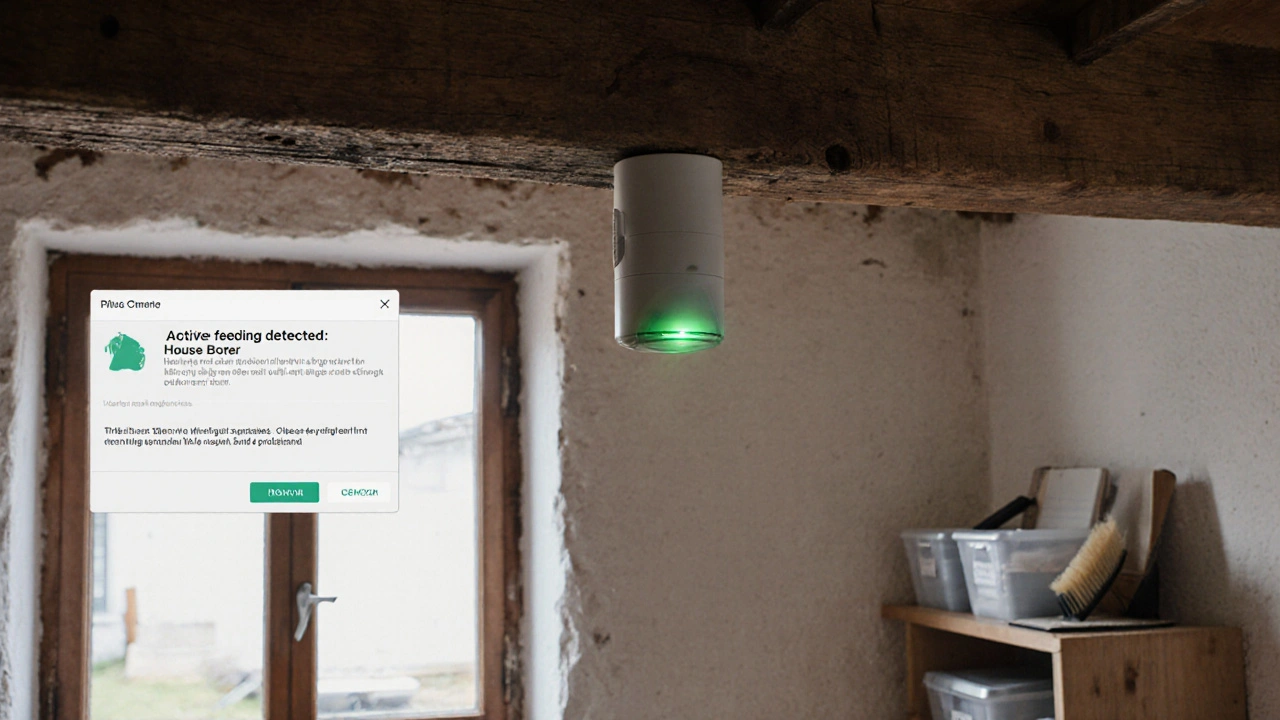 Sensor am Holzbalken warnt vor Schädlingen, Smartphone zeigt Benachrichtigung an.