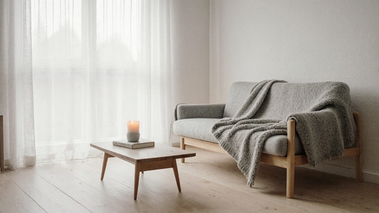 Skandinavisches Wohnzimmer mit heller Holzoptik, weißem Sofa, Kerze und diffusem Winterlicht.