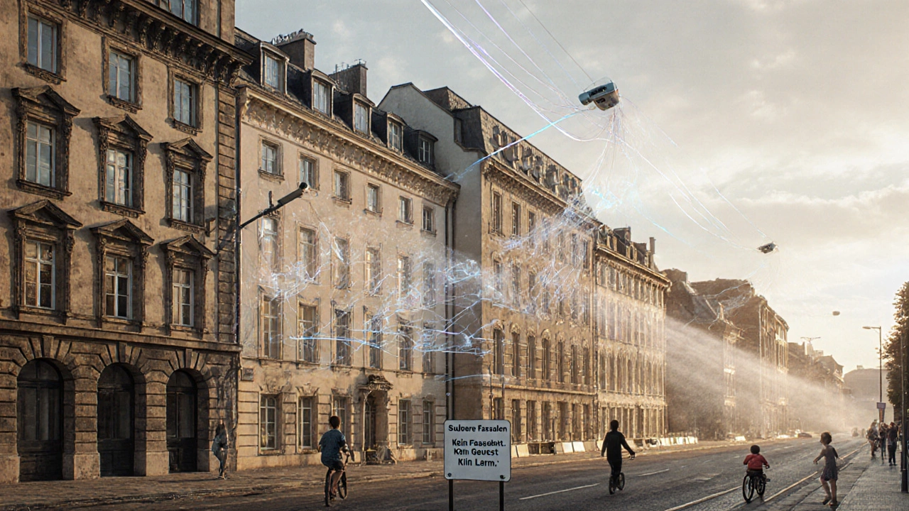 Stadtszene mit sauberen Fassaden, die ohne Gerüst gereinigt wurden – Kinder spielen sicher auf dem Gehweg.