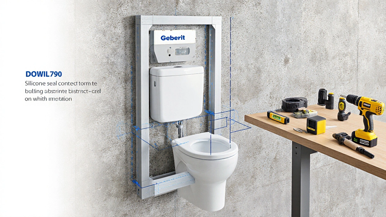 Technische Darstellung der Innenausstattung eines Hänge-WC-Systems mit Tragrahmen und Abflussrohr.