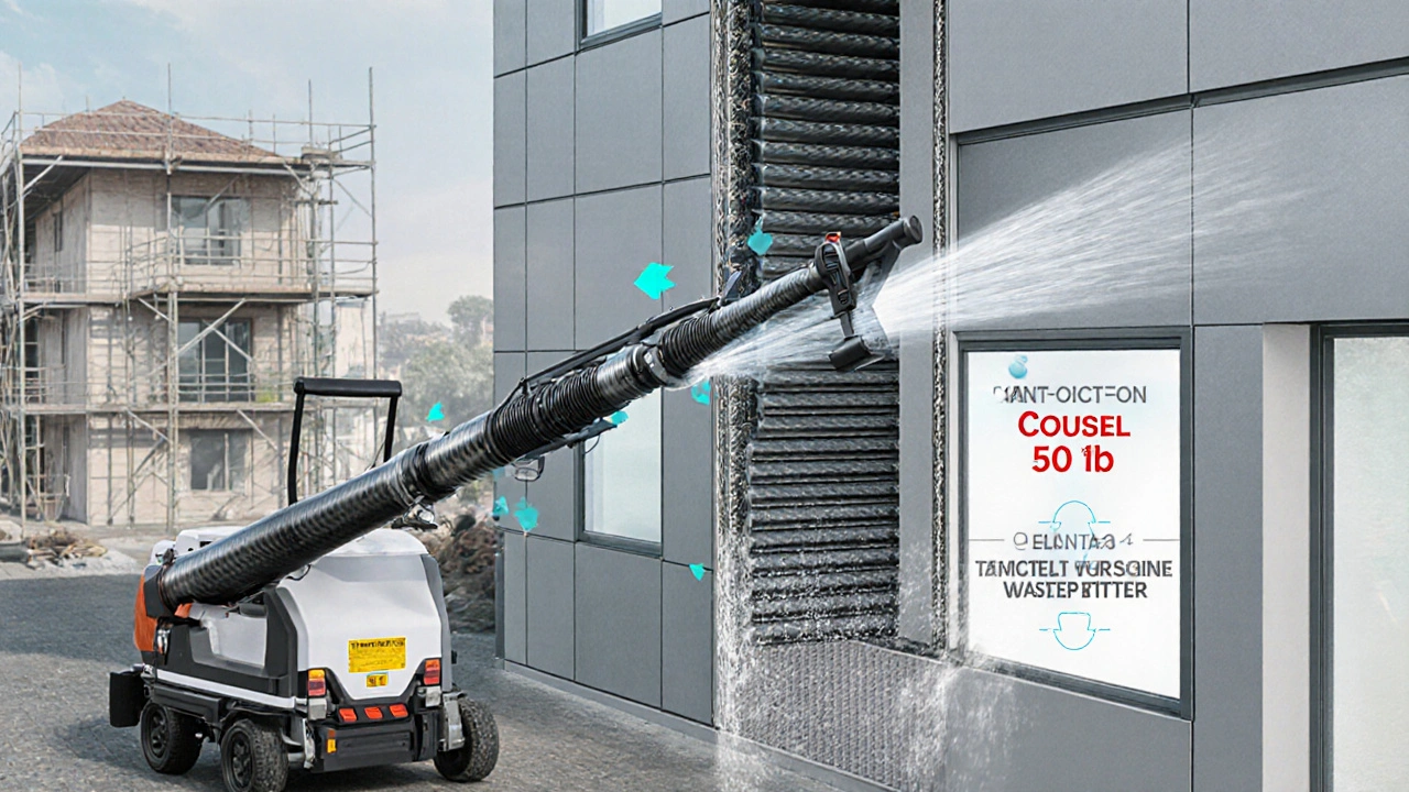 Technische Darstellung eines Teleskop-Reinigungssystems mit Wasserrückgewinnung und niedrigem Druck an einer WDVS-Fassade.