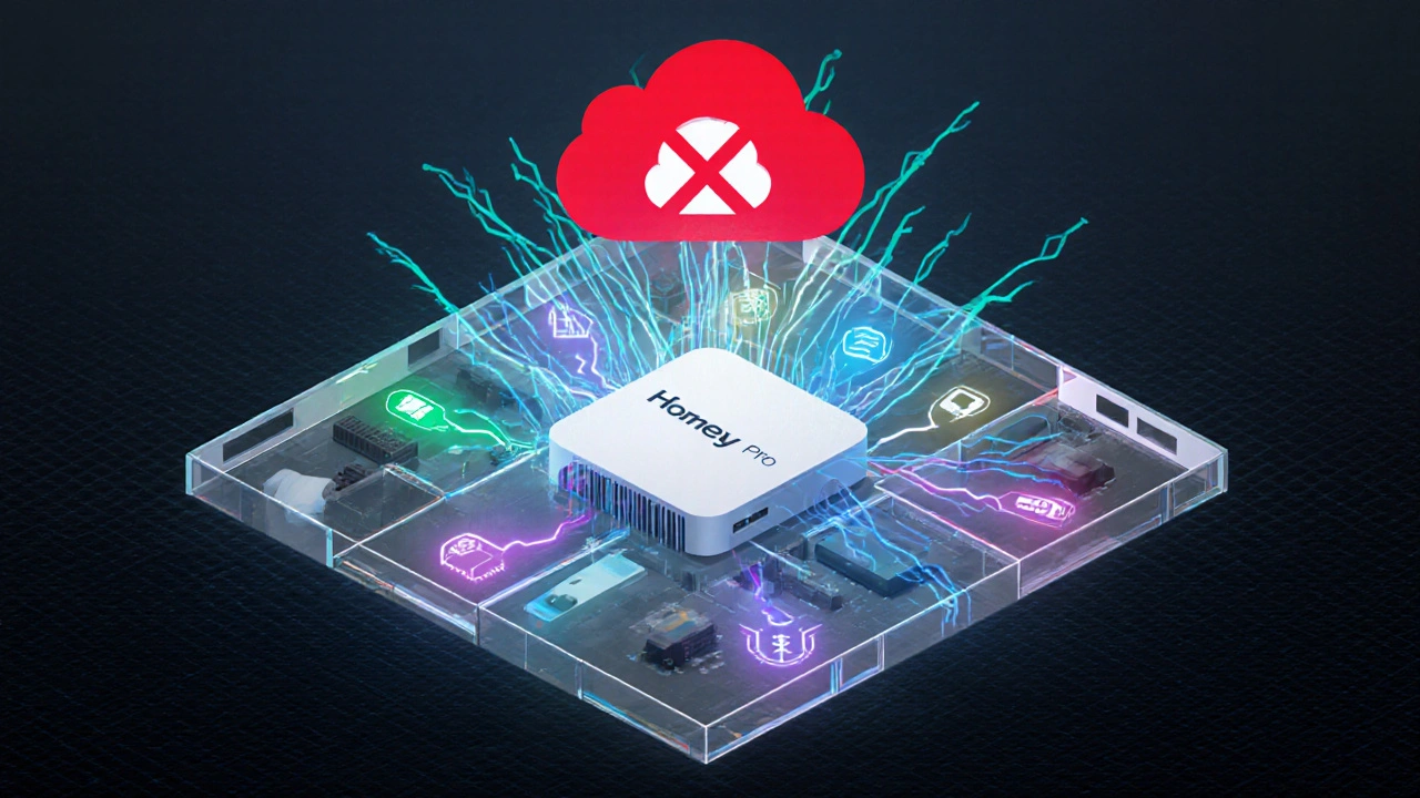 Transparente 3D-Darstellung eines Homey Pro Hubs mit Datenströmen zu verschiedenen Smart-Home-Geräten, ohne Cloud-Verbindung.