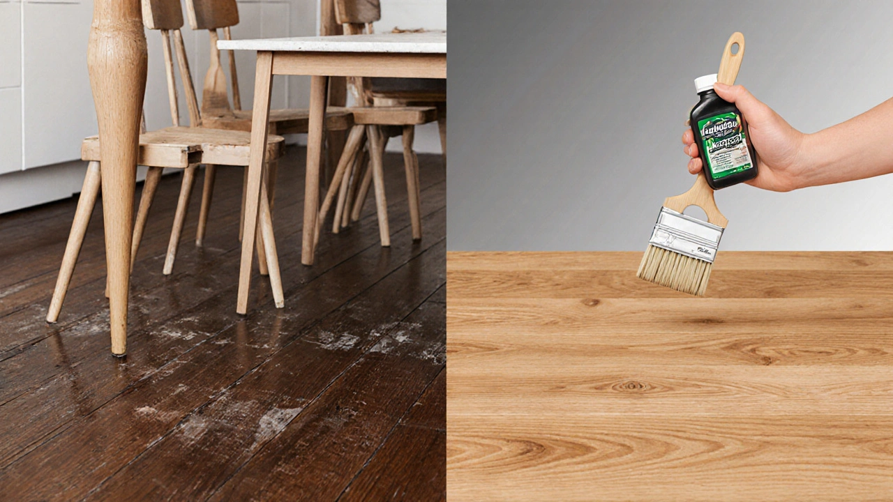 Vergleich eines abgenutzten geölten Bodens mit einem neu versiegelten 2K-Lackboden in einem Split-Bild.