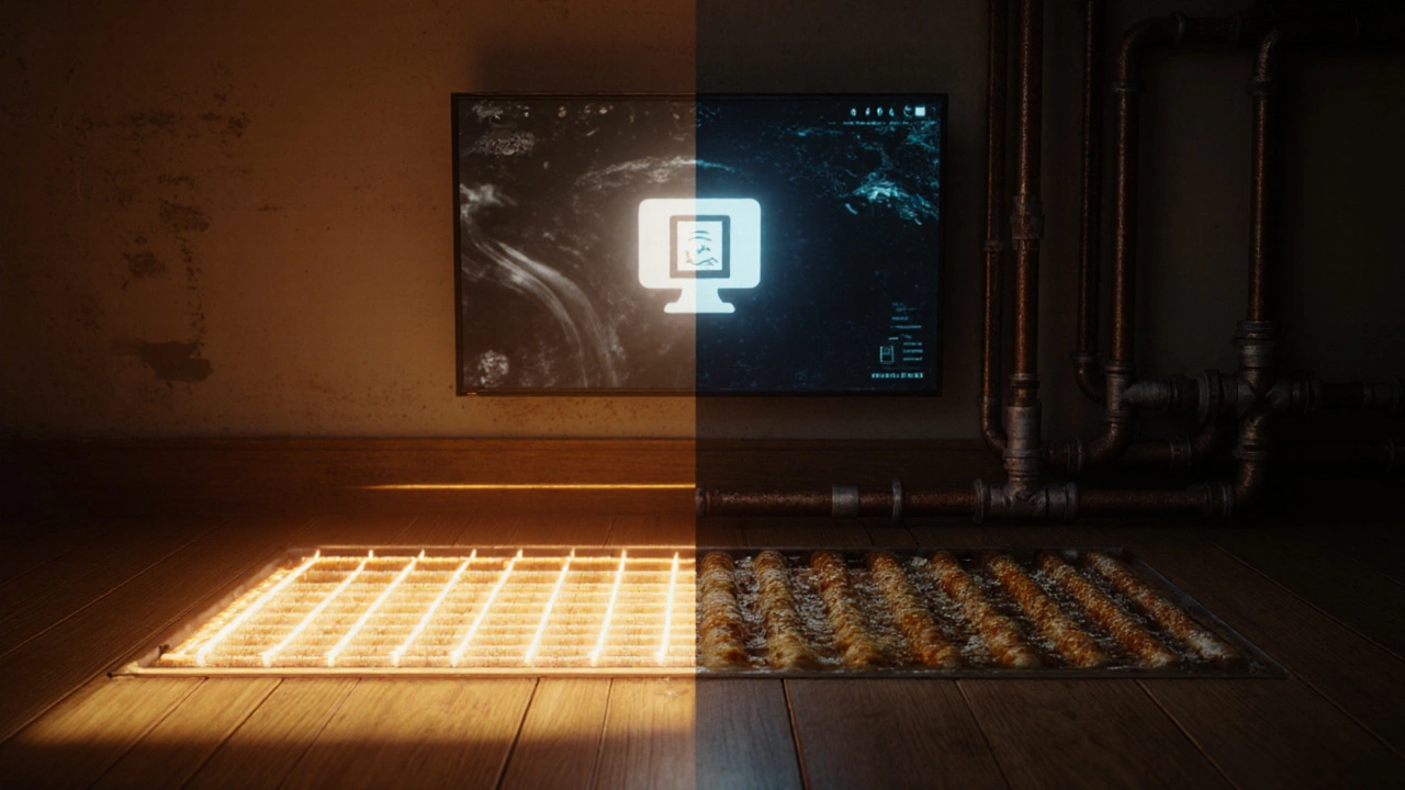 Vergleich: Reinfließendes Wasser vs. rostverstopfte Leitungen in einer Fußbodenheizung.