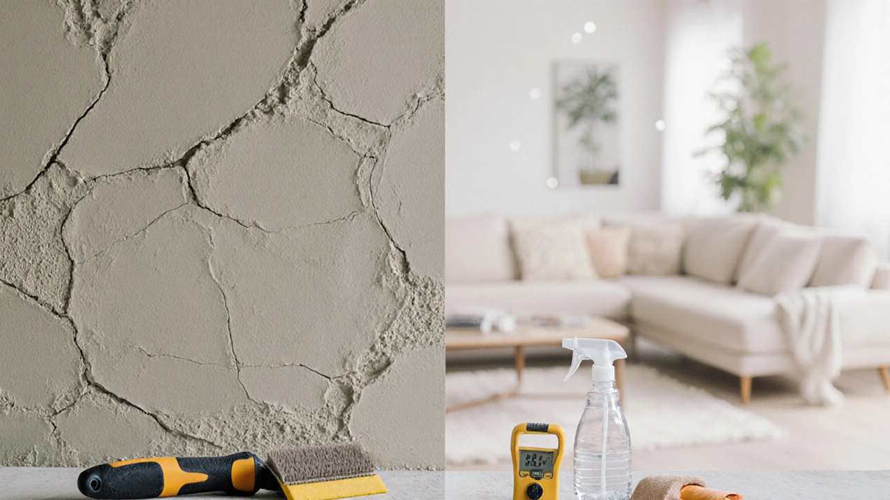 Vergleich: ungleichmäßiger Putz links, perfekt glatte Oberfläche rechts mit den richtigen Werkzeugen.