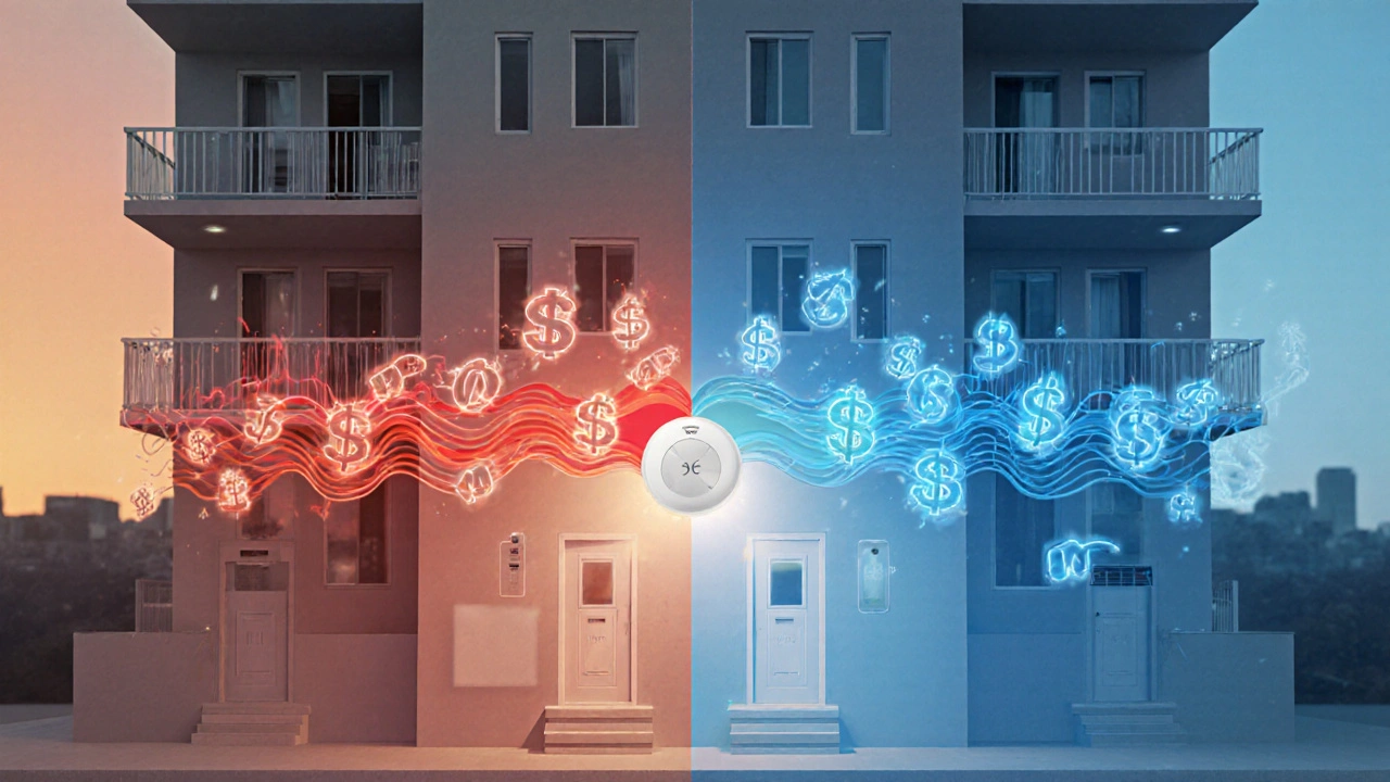 Vergleich von hohen und niedrigen Heizkosten durch Smart-Thermostate in einem Mehrfamilienhaus.