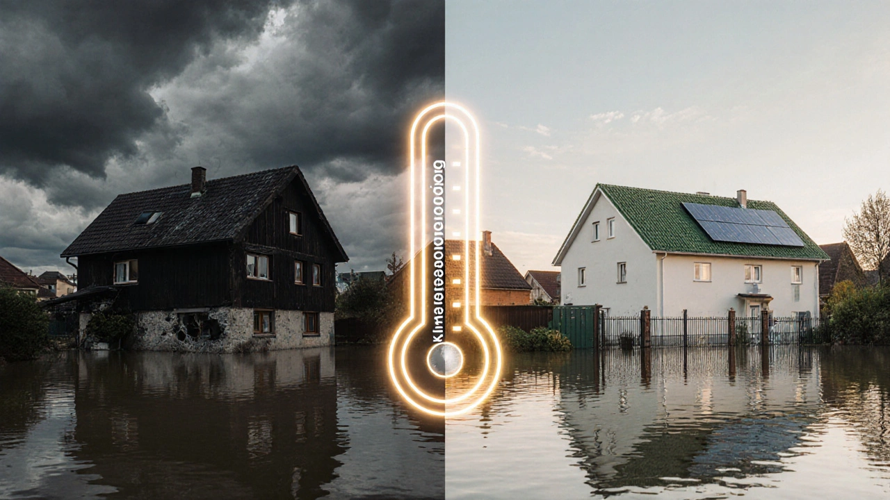 Vergleich zweier Häuser: eines ungeschützt und überflutet, das andere klimaanpasst mit grünem Dach und Lichtfarben.