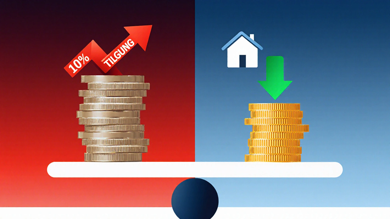 Waage mit Schuldenlasten: 1% Tilgung vs. 2,5% Tilgung mit sinkender Schuld