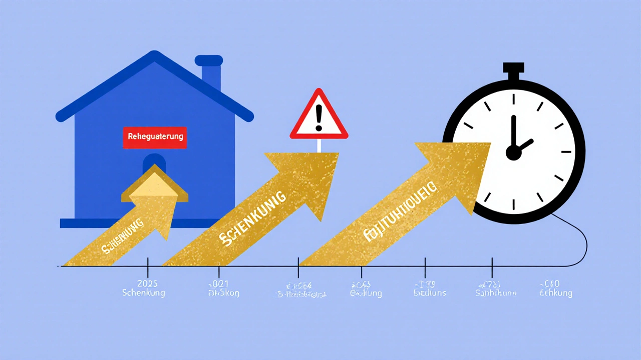 Zeitlinie mit drei Schenkungen von je 200.000 Euro, die in ein Haus fließen, bis 2025.