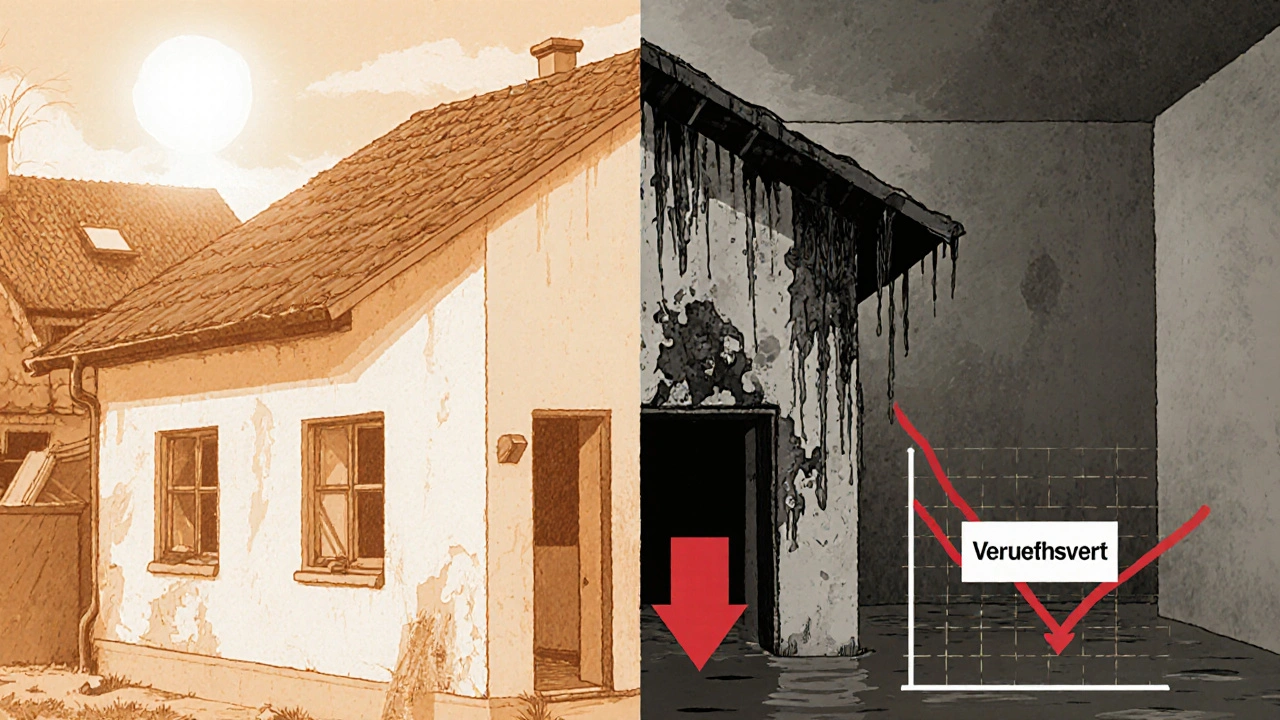 Zwei Seiten desselben Hauses: eine intakt und sonnig, die andere von Schimmel und Wasserschäden zerstört.