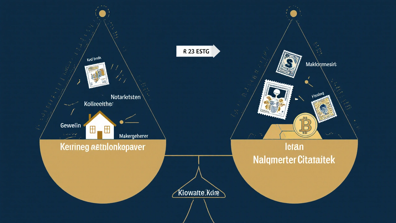 Zwei Waagen zeigen verrechenbare Immobilienverluste und zulässige Gewinne aus Kryptowährungen und Edelmetallen.