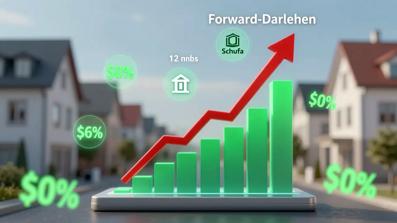 3D-Zinsgraph mit Sicherungsanker für Forward-Darlehen, digitale Sparsymbole schweben darum