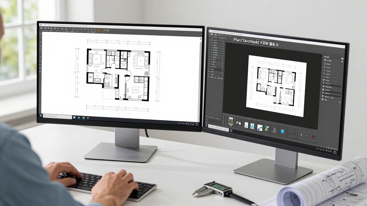 Architekt arbeitet mit Plan7Architekt an einem präzisen 3D-Grundriss mit Maßangaben.