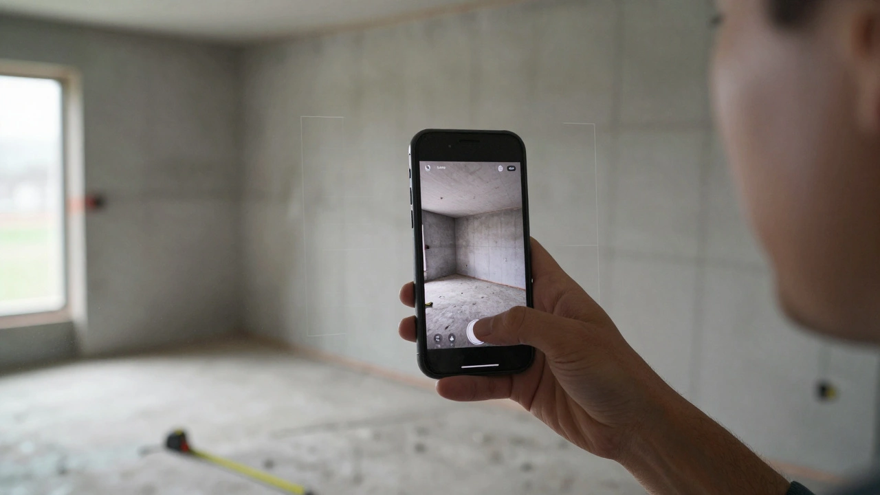 Augmented Reality-Ansicht auf Smartphone: Virtuelle Möbel in einem rohen Raum überlagert.