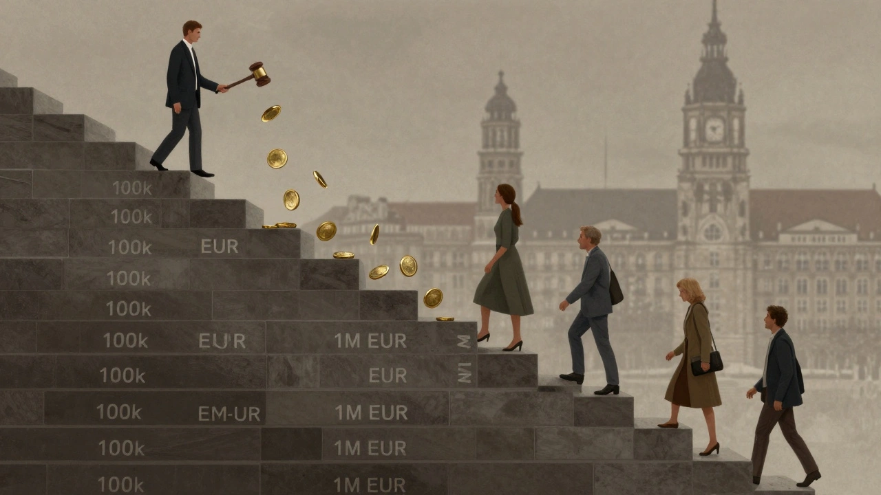 Degressive Gebührenstufen als Stein-Treppe mit Münzen, die langsamer fallen