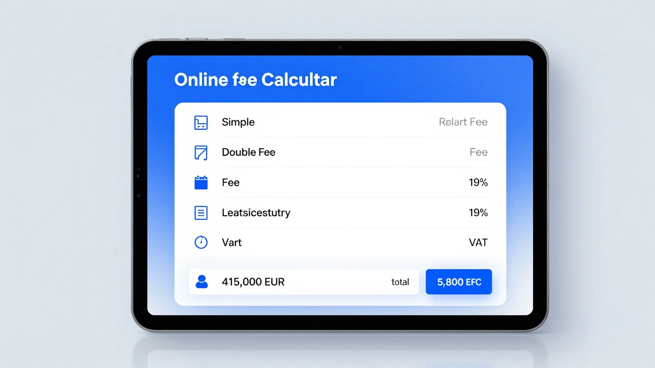 Digitaler Gebührenrechner auf Tablet mit Kaufpreis und Kostenübersicht