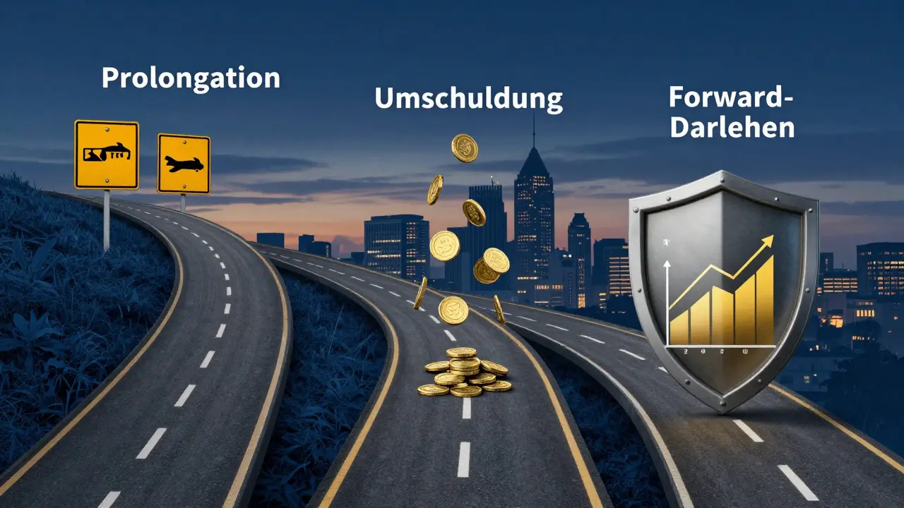Drei Finanzwege als Pfade mit unterschiedlichen Kosten und Einsparungen, Stadtlandschaft im Hintergrund