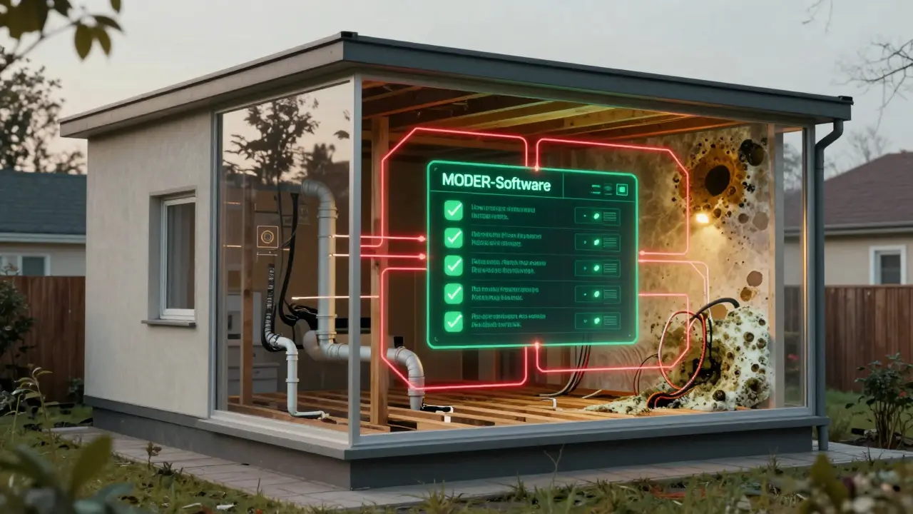 Durchsichtige Darstellung eines Hauses mit verborgenen Bauschäden, die durch digitale Risikomarker sichtbar gemacht werden.