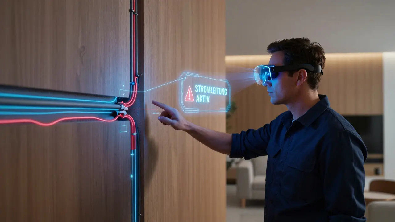 Eine AR-Brille projiziert digitale Leitungspläne in die Sicht des Handwerkers, Warnhinweise erscheinen.