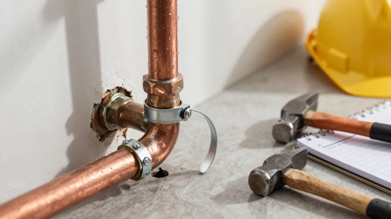 Eine beschädigte Kupferleitung wird mit einem flexiblen Klemmensystem repariert, Wasser tropft noch leicht.