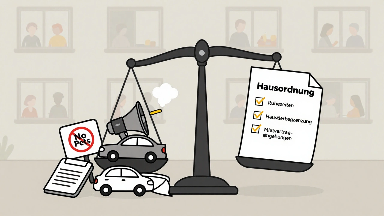 Eine Waage vergleicht chaotische Verbote mit einer klaren, rechtssicheren Hausordnung.