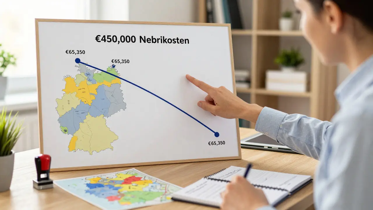 Finanzberater erklärt Schritt-für-Schritt-Kostenplan für Immobilienkauf in einem Büro.
