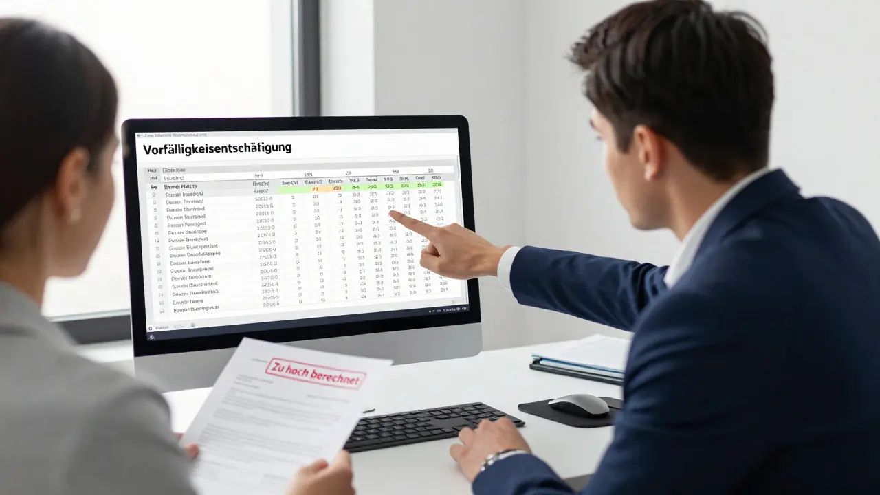 Finanzberater zeigt Kunden eine fehlerhafte Vorfälligkeitsentschädigungsrechnung am Bildschirm.