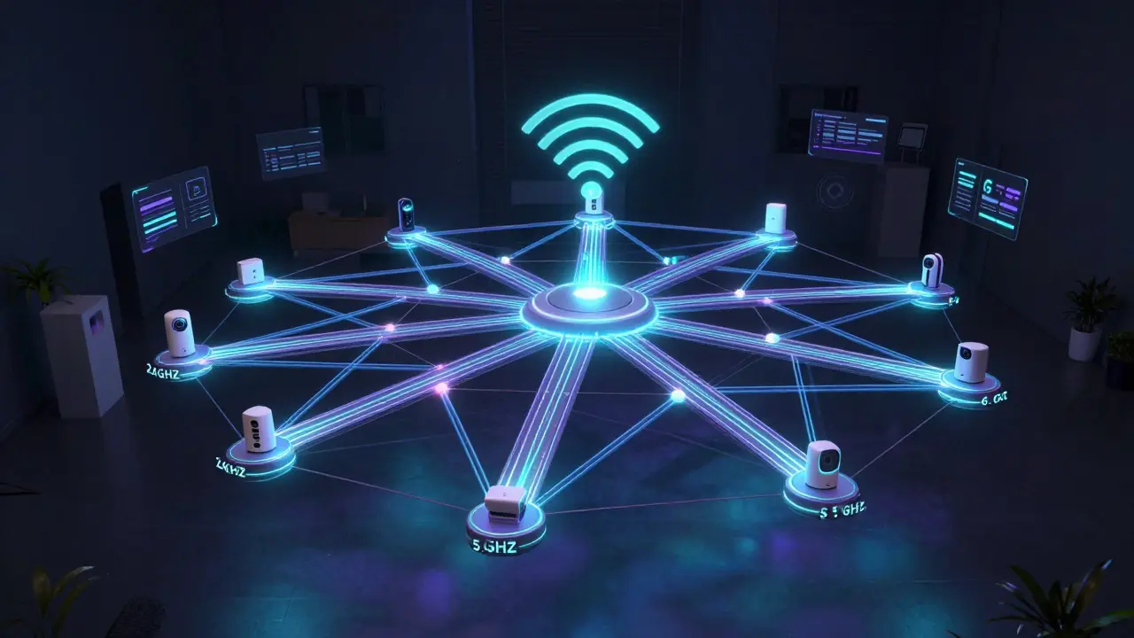 Futuristische Darstellung eines Wi-Fi 7 Mesh-Netzwerks mit mehreren Frequenzbändern als leuchtende Datenautobahnen.