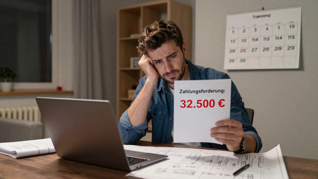 Hausbesitzer betrachtet einen Brief mit einer hohen Erschließungsrechnung, umgeben von Bauplänen und einem Kalender mit Jahren der Wartezeit.