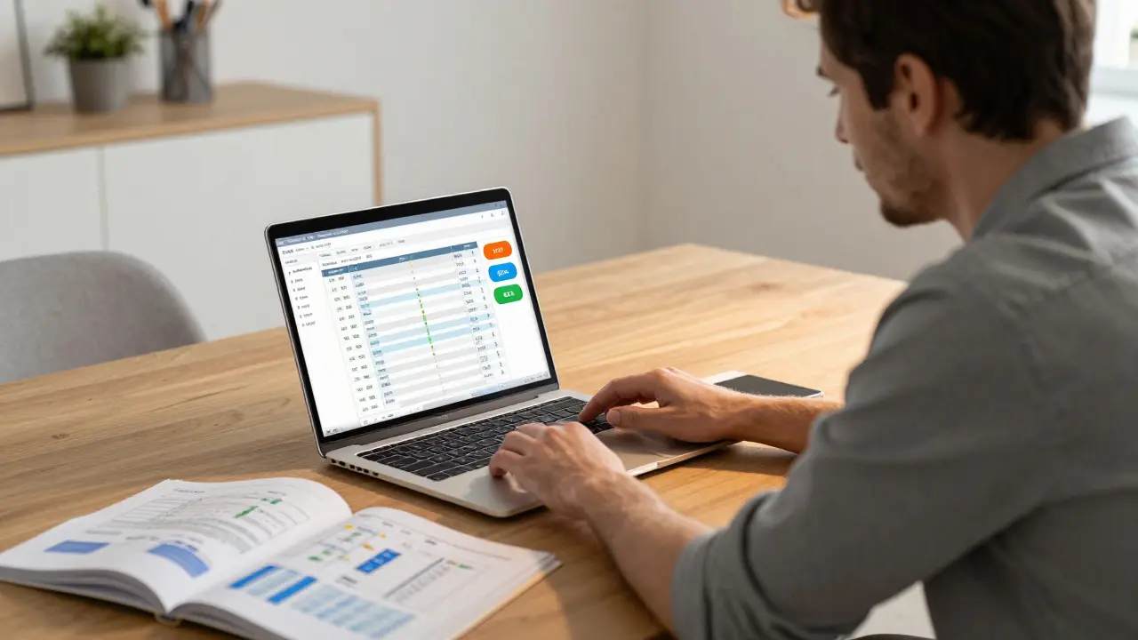 Hausbesitzer und Architekt analysieren gemeinsam ein digitales Kostenkontroll-Dashboard mit Risikowarnungen.