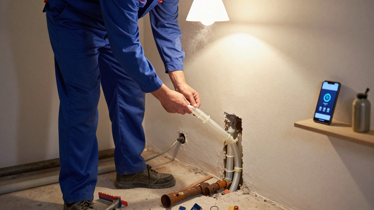 Installateur ersetzt alte Metallrohre durch moderne PEX-Rohre in einem deutschen Haus, Smartphone zeigt Wasserqualitätswarnung an.