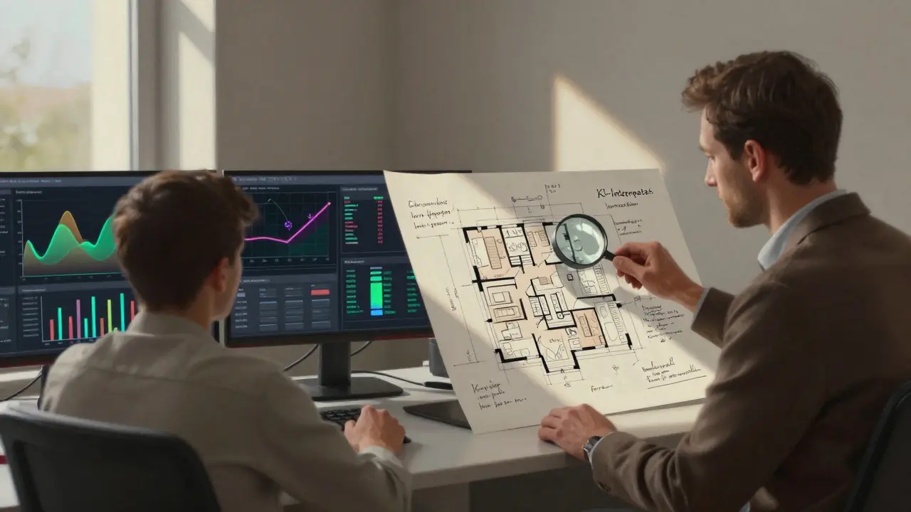KI-Interpreter in einem deutschen Immobilienbüro analysiert Daten und Pläne gemeinsam