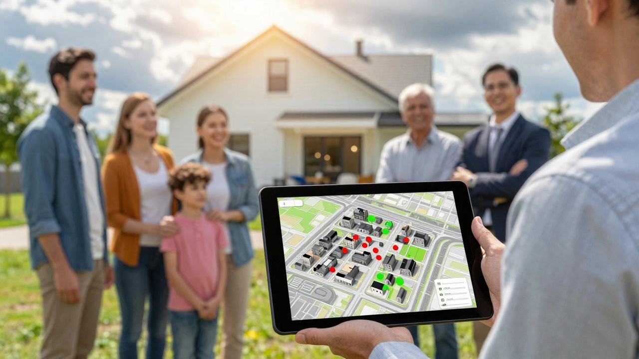 Kommunale Planerin mit digitaler Karte und Stakeholder-Gruppe vor revitalisiertem Haus