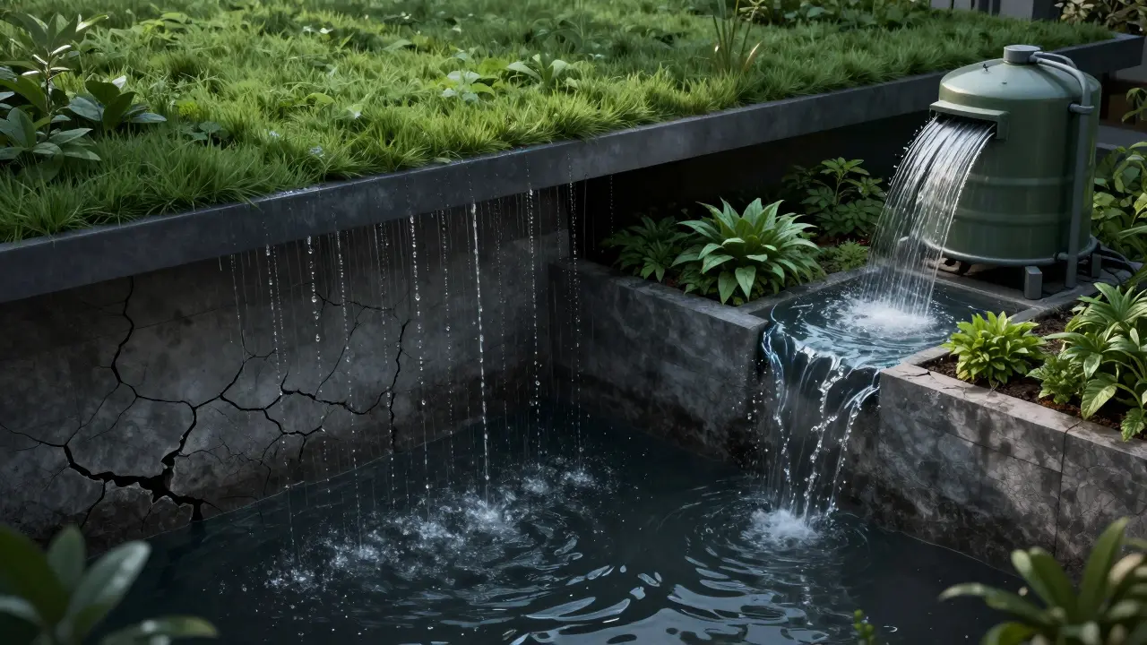 Kontrast zwischen feuchtem, beschädigtem Fundament und nachhaltigem Regenwassermanagement mit Zisterne und Biofilter.