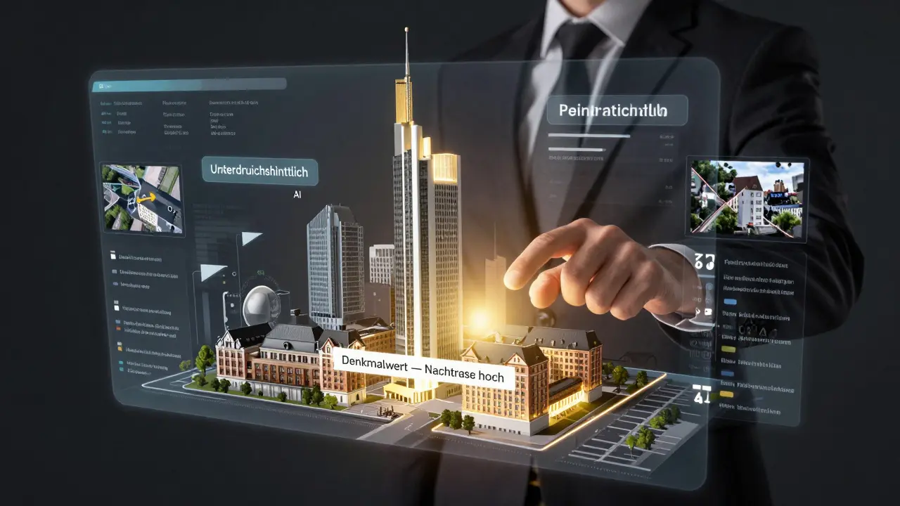 Menschlicher Gutachter korrigiert KI-Bewertung eines historischen Hauses mit goldenem Hinweis