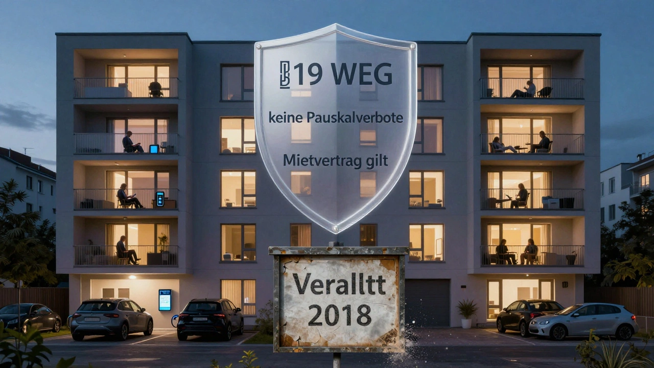 Moderne Wohnungsbauanlage mit Smart-Home-Geräten und einem rechtlichen Schutzschild über dem Gebäude.