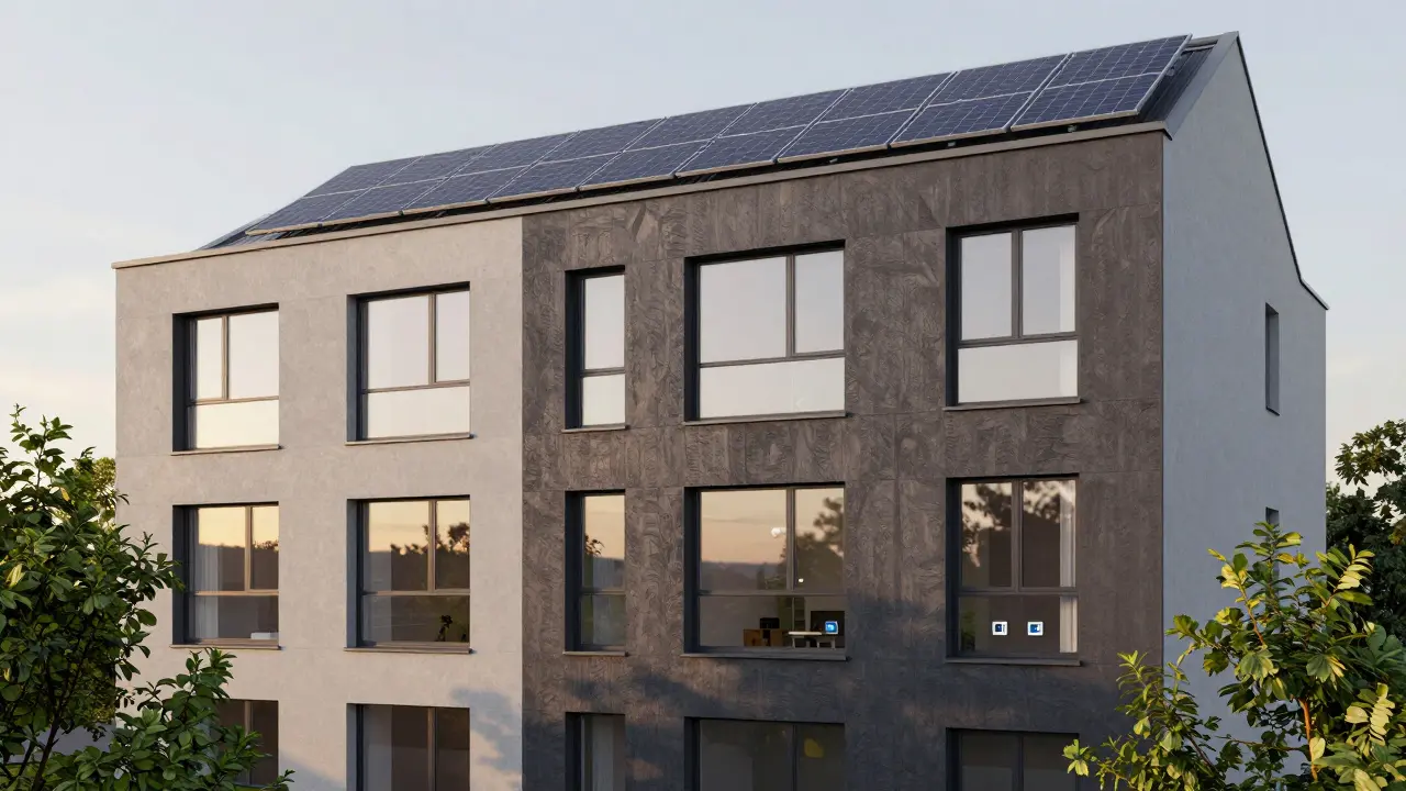 Modernisierte Wohnung mit neuen Fenstern, gedämmter Fassade und Solaranlage im Abendlicht.