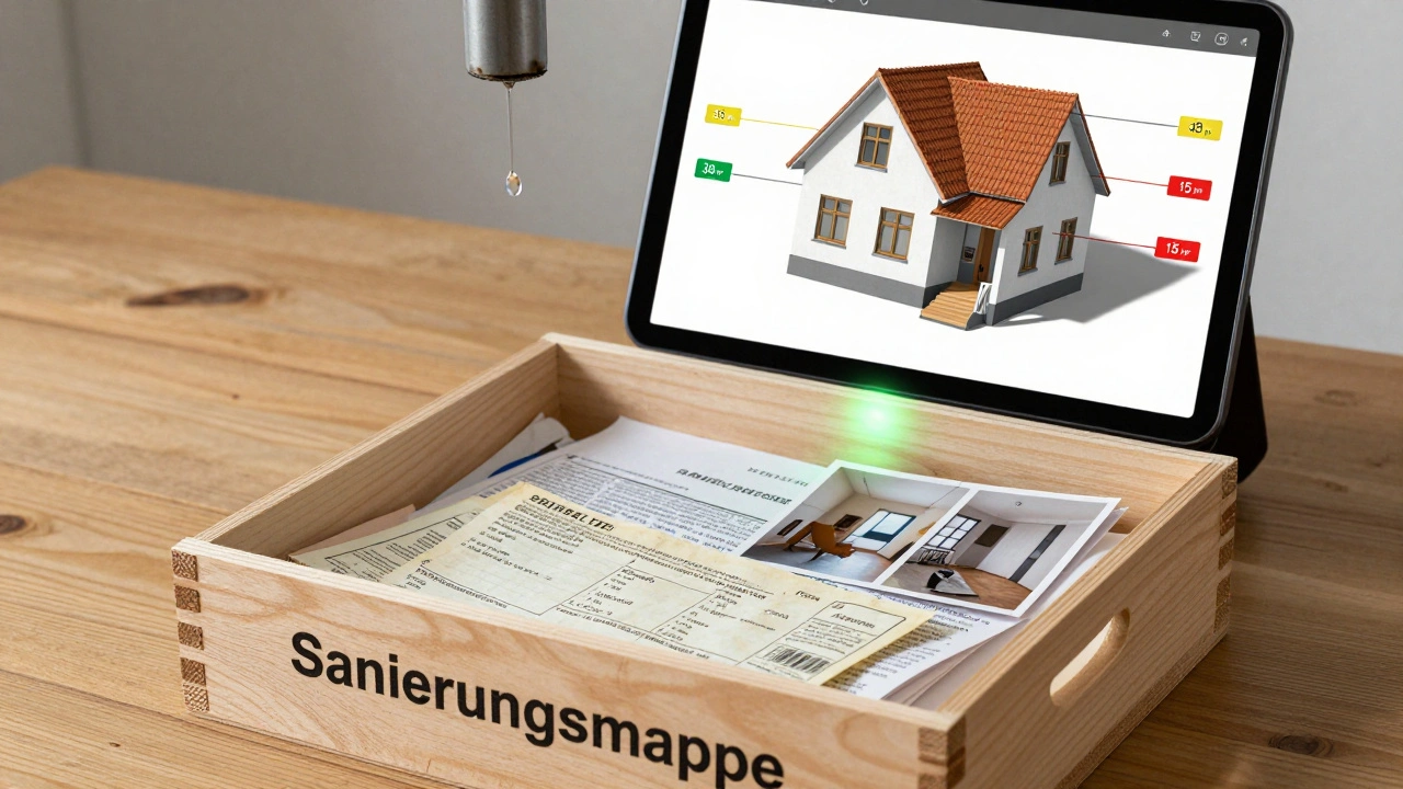 Offene Sanierungsmappe mit Rechnungen und Fotos, dahinter digitales Wartungsmodell eines Hauses mit farbigen Lebensdauertimelines.