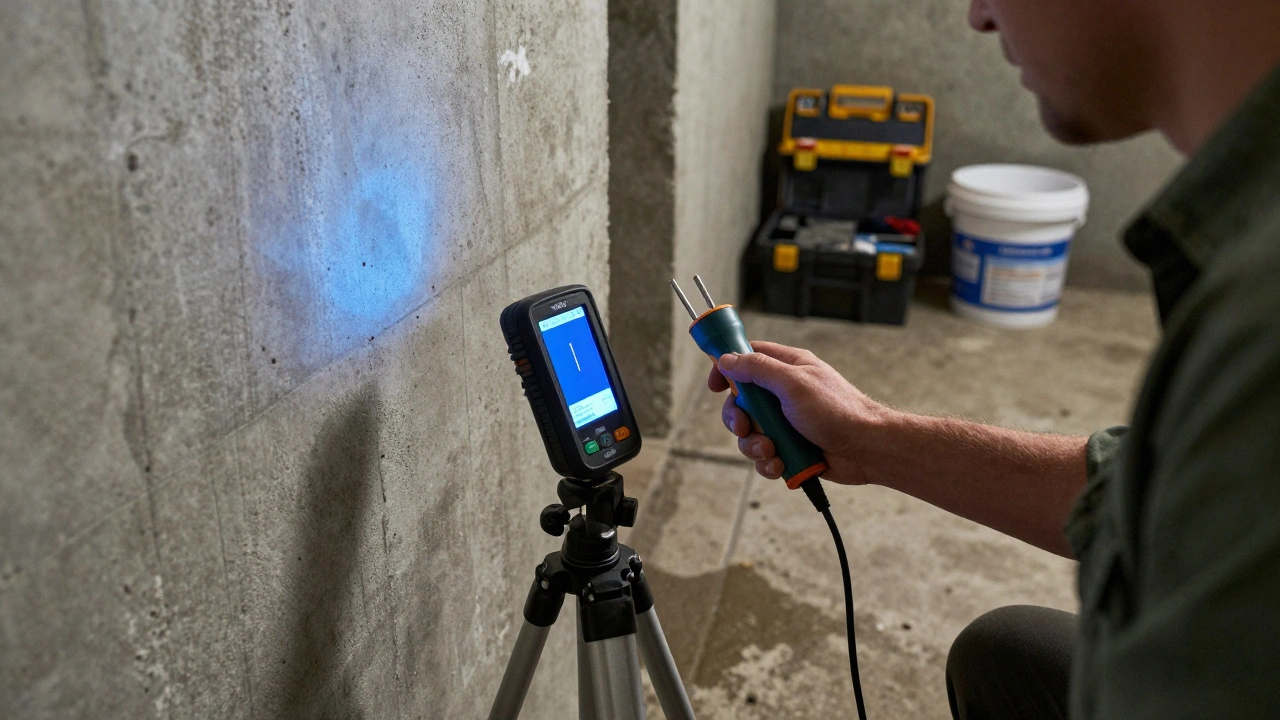 Person scannt eine Betonwand im Keller mit einem professionellen Feuchtigkeitsmessgerät und Thermografie-Kamera.