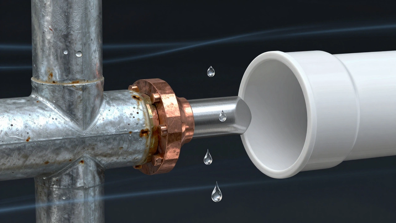 Querschnitt einer korrodierten Stahlrohrleitung neben einer modernen PEX-Rohrleitung mit galvanischer Korrosion an der Verbindung.