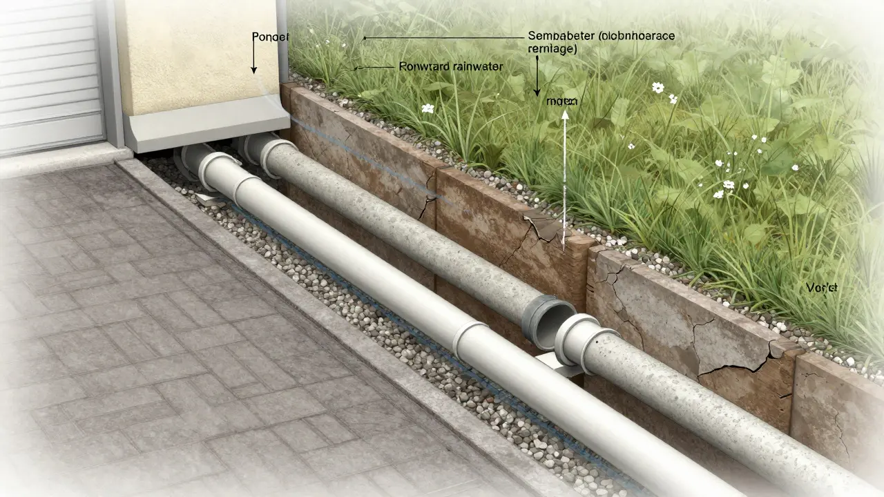 Querschnitt einer modernen Entwässerungsanlage mit intakten Rohren und Regenwasserinfiltration neben veralteten Leitungen.