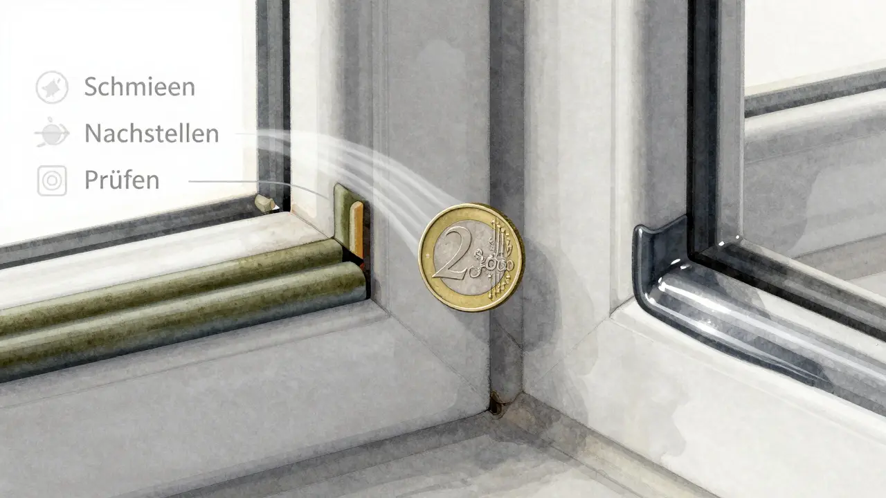 Querschnitt eines Fensters mit alten und neuen Dichtungen, 2-Euro-Münze im Test.